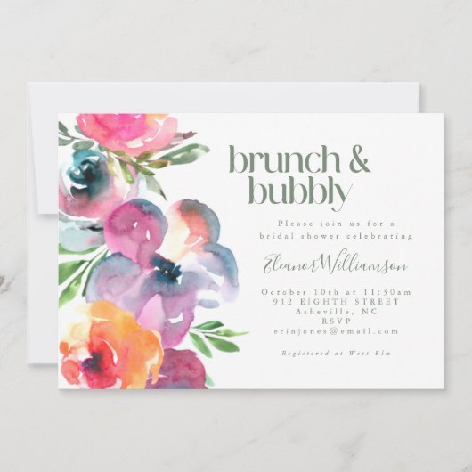 Boho Watercolor Blume Brautparty Brunch Bubbly Einladung (Vorderseite)