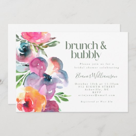Boho Watercolor Blume Brautparty Brunch Bubbly Einladung (Vorne/Hinten)