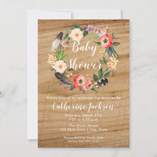 Boho Watercolor-Blume | Einladung der Babydusche (Vorderseite)