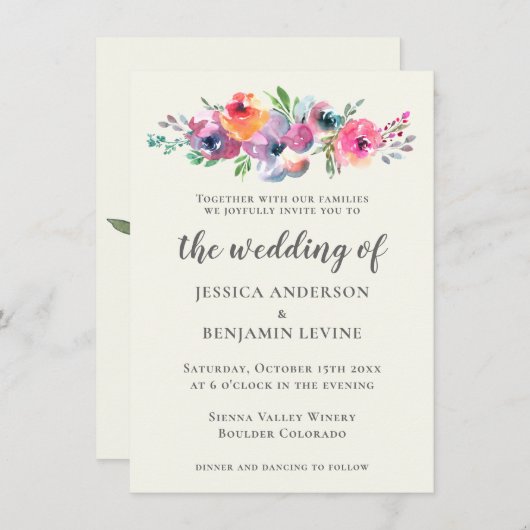 Boho Watercolor Blume Moderne Elegante Hochzeit Einladung (Vorne/Hinten)