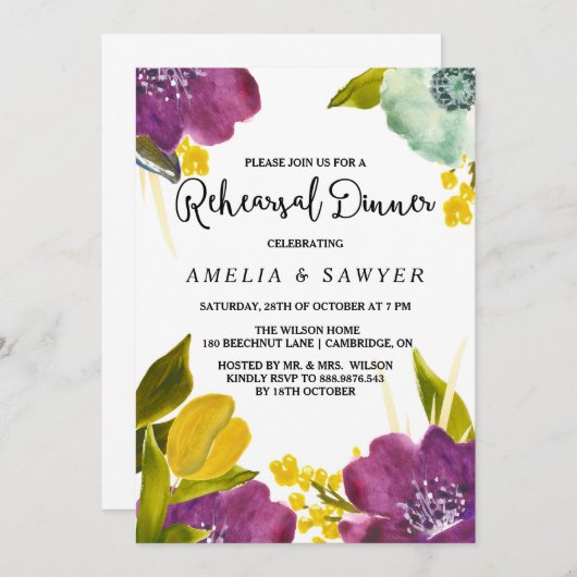 Boho Watercolor Blume Probe Dinner einladen Einladung (Vorne/Hinten)