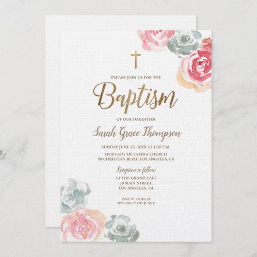 Boho Watercolor Blume Rosa Baby Taufe Einladung (Vorne/Hinten)