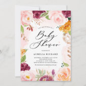 Boho Watercolor Blush Burgundy Floral Baby Showroo Einladung (Vorderseite)
