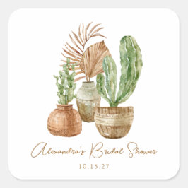 Boho Watercolor Cactus Pampas Pflanze Brautparty Quadratischer Aufkleber