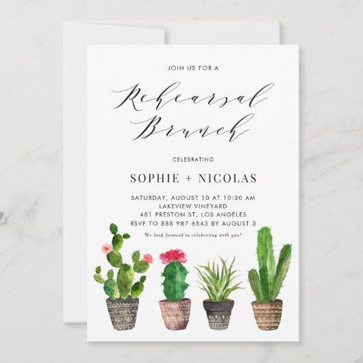 Boho Watercolor Cactus Summer Probe Brunch Einladung (Vorderseite)
