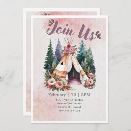 Boho Watercolor Camping Einladung (Vorne/Hinten)