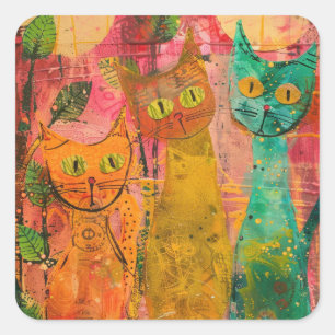 Boho Watercolor Cats - Earthy Feline Art (2) Quadratischer Aufkleber