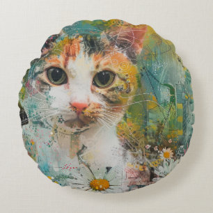 Boho Watercolor Cats - Earthy Feline Art (3) Rundes Kissen