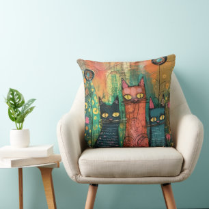 Boho Watercolor Cats - Earthy Feline Art Kissen