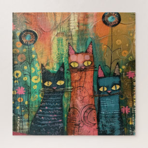 Boho Watercolor Cats - Earthy Feline Art Puzzle