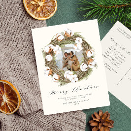 Boho Watercolor Christmas Cotton Wreath One Foto Feiertagspostkarte