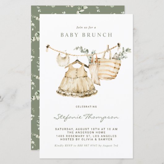 Boho Watercolor Clothesline Baby Brunch Einladung (Vorne/Hinten)