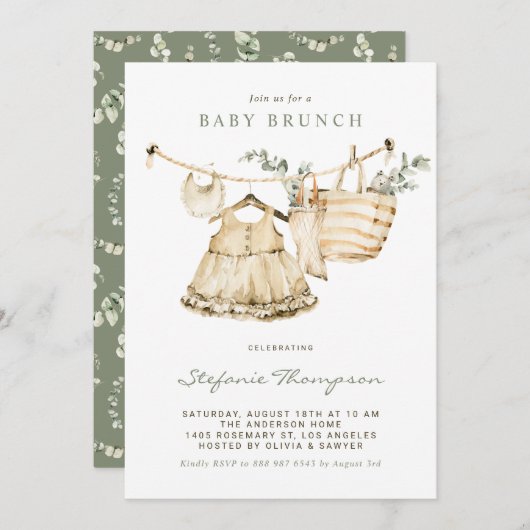 Boho Watercolor Clothesline Baby Brunch Einladung (Vorne/Hinten)