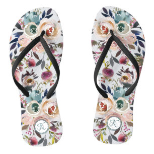 Boho Watercolor Creme Green Pink Monogram Floral Badesandalen