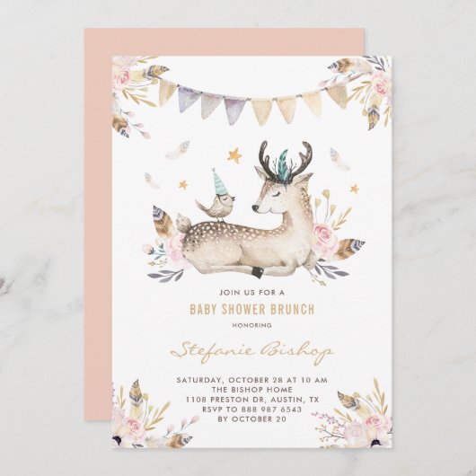 Boho Watercolor Deer and Bird Baby Showbrunch Einladung (Vorne/Hinten)