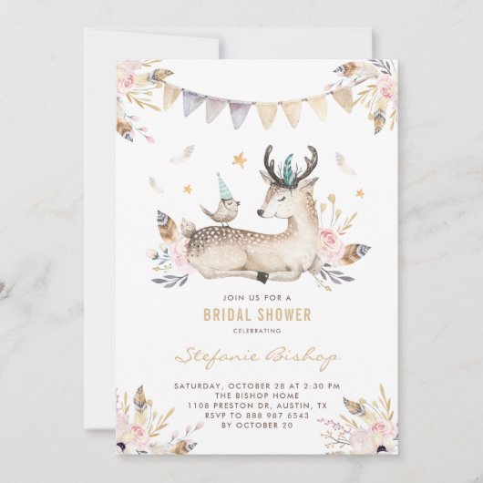 Boho Watercolor Deer Woodland Brautparty Einladung (Vorderseite)