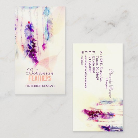 Boho Watercolor Dreamcatcher Feathers Visitenkarte (Vorne/Hinten)