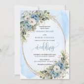Boho Watercolor Dusty Blue Floral Gold Wedding Einladung (Vorderseite)