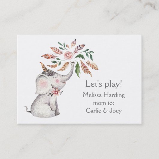 Boho Watercolor-Elefant-Blumen-Mama Nennen Telefonnummerkarte (Vorderseite)