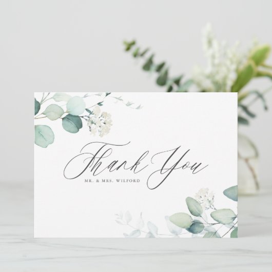 Boho Watercolor Eucalyptus Blätter Wedding Dankeskarte (Stehend Vorderseite)
