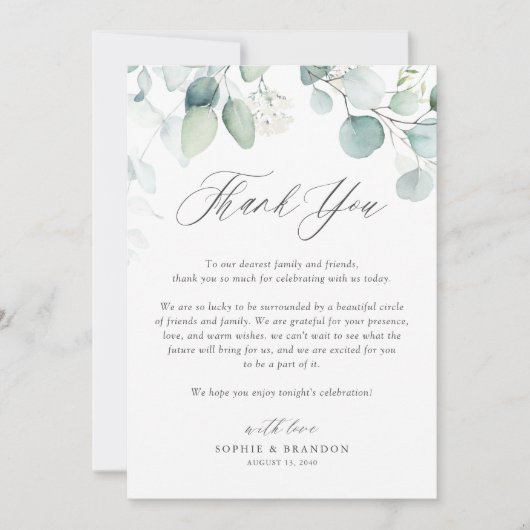 Boho Watercolor Eucalyptus Blätter Wedding Dankeskarte (Vorderseite)