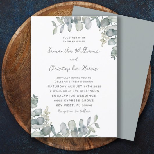 Boho Watercolor Eucalyptus Blue Green Wedding Einladung