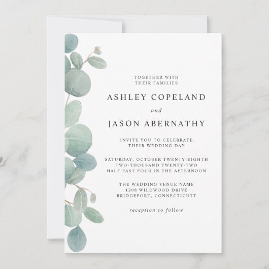 Boho Watercolor Eucalyptus Border Wedding Einladung (Vorderseite)