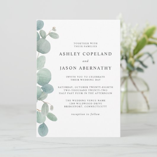 Boho Watercolor Eucalyptus Border Wedding Einladung (Stehend Vorderseite)