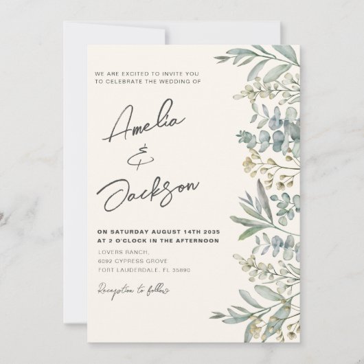 Boho Watercolor Eucalyptus Green & Ivory Wedding Einladung (Vorderseite)