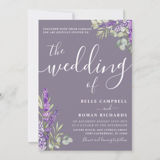 Boho Watercolor Eucalyptus & Lavender Wedding Einladung (Vorderseite)