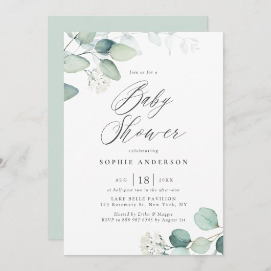 Boho Watercolor Eucalyptus Verlasse Babydusche Einladung (Vorne/Hinten)