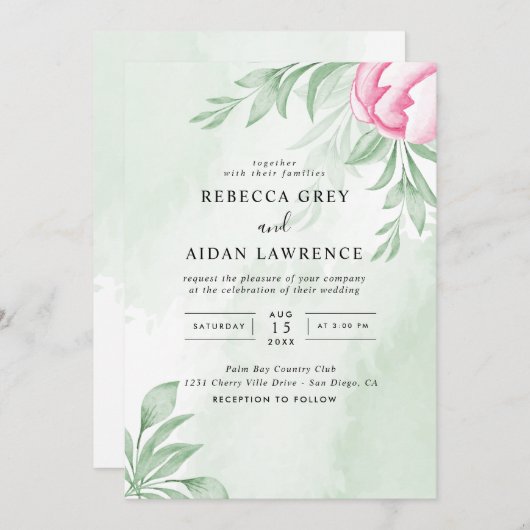 Boho Watercolor Eucalyptus Verlasse Grüne Hochzeit Einladung (Vorne/Hinten)