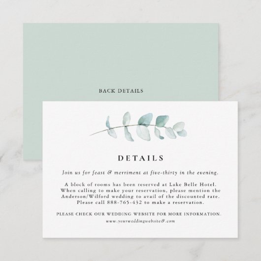 Boho Watercolor Eukalyptus-Blätter Hochzeitdetails Begleitkarte (Vorne/Hinten)