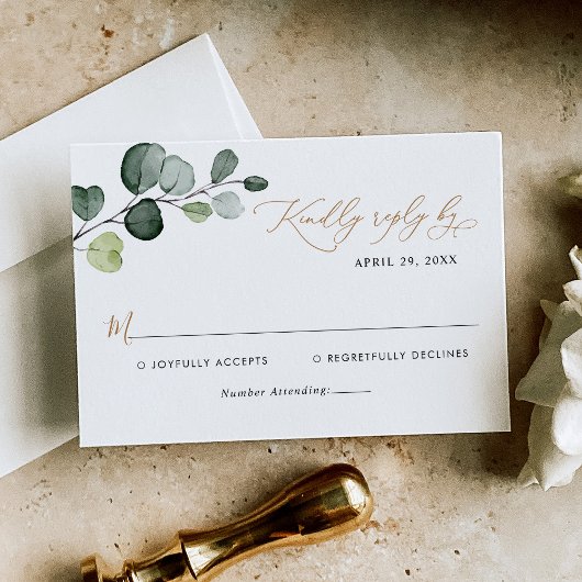 Boho Watercolor Eukalyptus Greenery Gold Wedding RSVP Karte