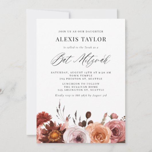 Boho Watercolor Fall Blume Bat Mitzvah Einladung (Vorderseite)