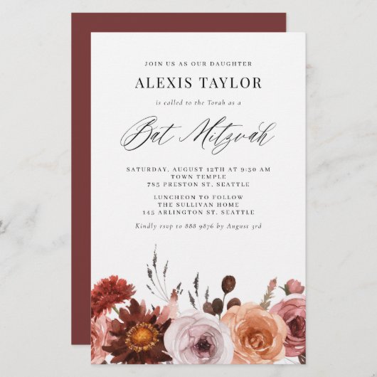 Boho Watercolor Fall Blume Bat Mitzvah Einladung (Vorne/Hinten)