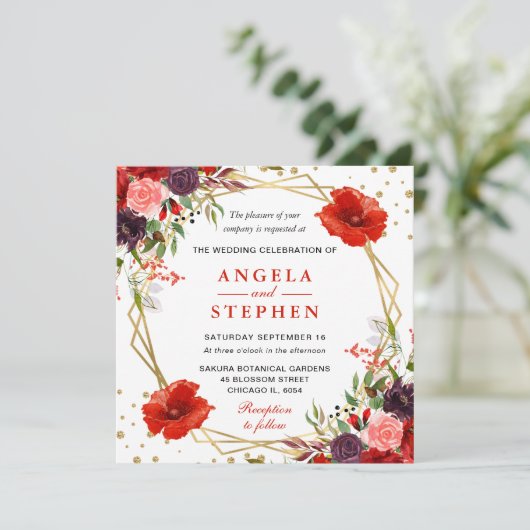 Boho Watercolor Fall Blume Goldrahmen Hochzeit Einladung (Stehend Vorderseite)