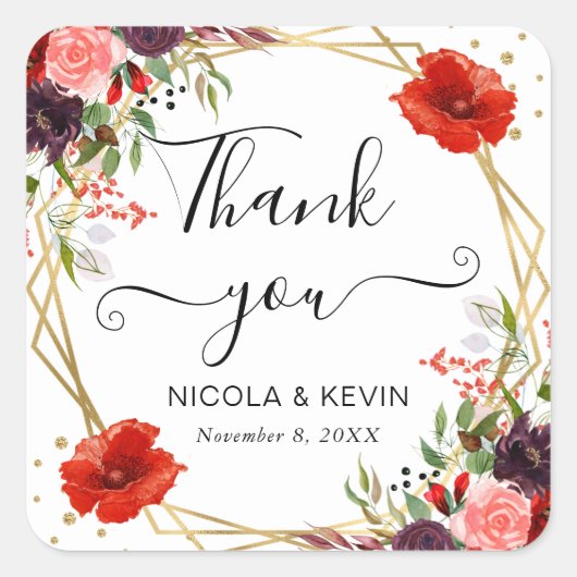 Boho Watercolor Fall Blume Goldrahmen Hochzeit Quadratischer Aufkleber (Vorderseite)