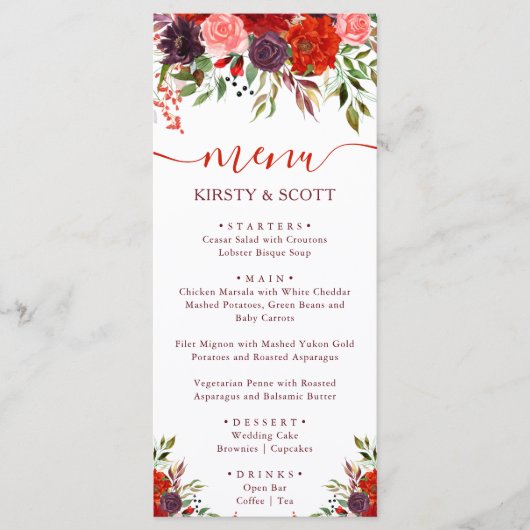 Boho Watercolor Fall Blume Hochzeitmenü Menükarte (Vorderseite)