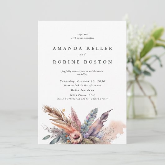 Boho Watercolor Feather Wedding Einladung (Stehend Vorderseite)