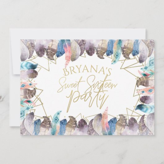 Boho Watercolor Feathers Gold Sweet 16 Einladungen (Vorderseite)