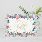 Boho Watercolor Feathers Gold Sweet 16 Einladungen (Stehend Vorderseite)