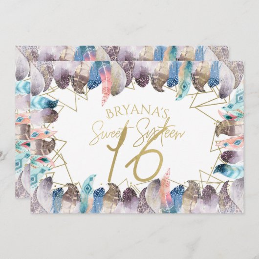 Boho Watercolor Feathers Gold Sweet 16 Einladungen (Vorne/Hinten)