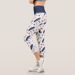 Boho Watercolor Feathers n Blätter Blue Brown Whit Capri Leggings