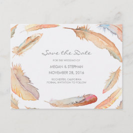 Boho Watercolor Feathers Save the Date Ankündigungspostkarte