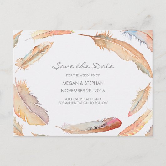 Boho Watercolor Feathers Save the Date Ankündigungspostkarte (Vorderseite)