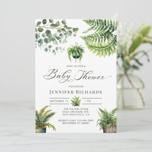 Boho Watercolor Fern Eucalyptus Baby Showroom Einladung (Stehend Vorderseite)