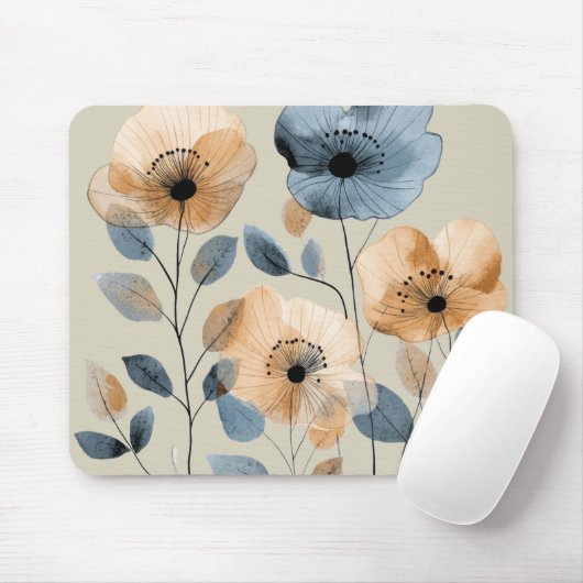 Boho Watercolor Floral Blue Peach Mousepad (Mit Mouse)
