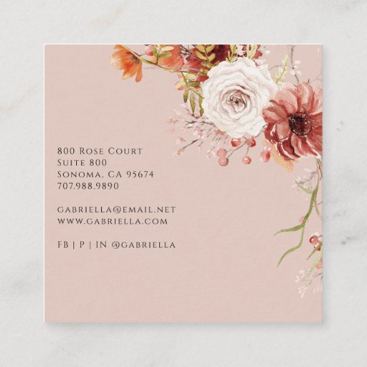 Boho Watercolor Floral Bouquet Quadratische Visitenkarte (Rückseite)