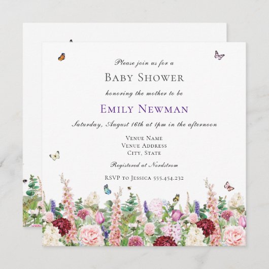 Boho Watercolor Floral Butterflies Babydusche Einladung (Vorne/Hinten)